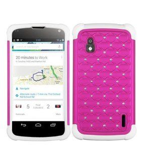 Hard Plastic Snap on Cover Fits LG E960 Nexus 4 Hot Pink/Solid White Luxurious Lattice Dazzling TotalDefense + A Gold Color Stylus/Pen T Mobile: Cell Phones & Accessories