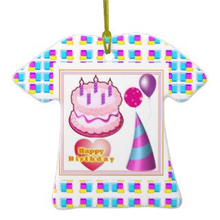 HappyBIRTHDAY Cake Balloon n Text Christmas Ornaments