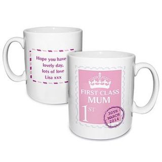 'first class' pink personalised mug by hope and willow