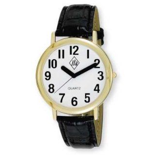 Unisex Low Vision Watch Gold Tone with White Face w/ Black Numbers, Leather Band: Health & Personal Care