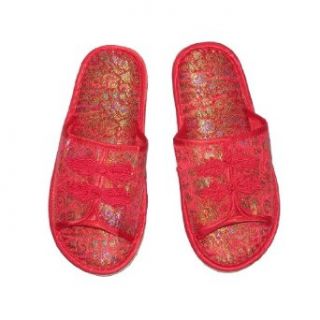 Womens Oriental Silk House Slippers / Flats With Open Toe and Rubber Sole (SizeUS12 EU43.5 UK9.5) Clothing