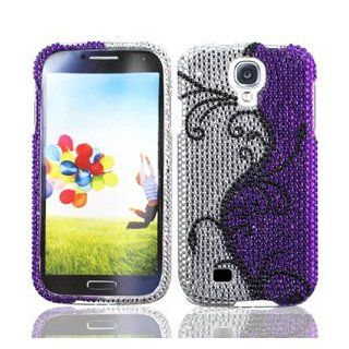 2 Item Combo (Case + Microfiber Bag) Silver and Purple Swirl Sparkling Rhinestones Full Diamond Bling Snap on Cell Phone Case for Samsung Galaxy S4 i9500 Cell Phones & Accessories