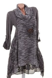 2tlg aus Kleid und Unterkleid mit langen rmeln und Spitze Dunkelgrau Batik 42/44: Bekleidung