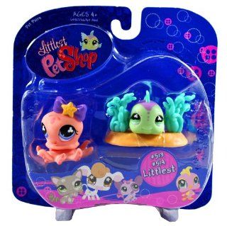Hasbro Year 2007 Littlest Pet Shop Pet Pairs "Littlest" Series Collectible Bobble Head Pet Figure Set   Peach Color Octopus (#513) and Green/Purple Fish (#514) with Seaweed (64927): Toys & Games