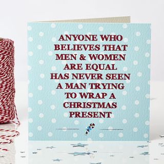 funny 'men gift wrap' christmas card by bonnie blackbird