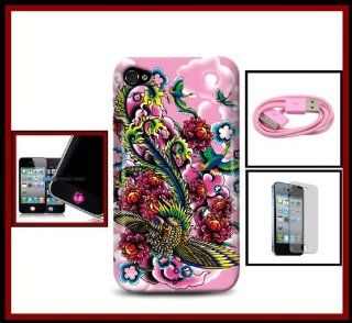 Case Cover Snap on for iPhone 4 4S Glossy Colorful Phoenix Pink Faceplates Front/Back + Clear Screen Protector + One Pink USB Charger Data Cable Cord + One FREE Hot Pink Diamond Home Button Sticker: Cell Phones & Accessories