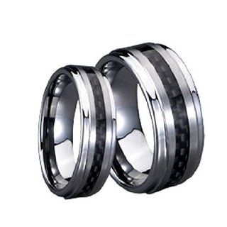 His & Her's 8mm/6mm Tungsten Carbide Wedding Band Ring Set / Black Carbon Fiber Inlay Sizes 5 15 Including Half Sizes: Jewelry
