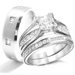 His & Hers 3 pc, Womens STERLING SILVER, Men's STAINLESS STEEL Engagement Wedding Rings Set, AVAILABLE SIZES men's 7,8,9,10,11,12,13; women's set: 5,6,7,8,9,10. CONTACT US BY EMAIL THROUGH  WITH SIZES AFTER PURCHASE!: Jewelry