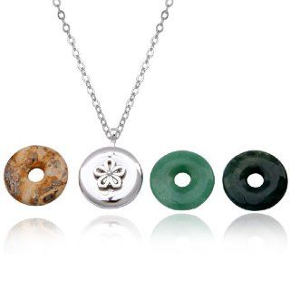 Sterling Silver Green Aventurine, Leopard Skin and Grass Agate Interchangeable Flower Pendant Necklace , 18": Jewelry