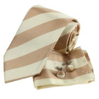 Khaki Stripes Silk Tie Hanky Neck Tie for Him Cufflinks for Men Gift Box PH1004 148*9CM: Clothing