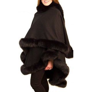 Black Cashmere Cape with Black Fox Fur Trim Cold Weather Scarves