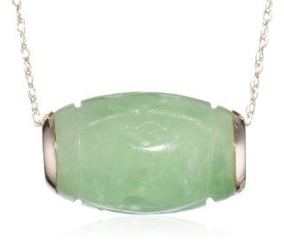 14kt Yellow Gold, Carved Dyed Green Jade Barrel Enhancer Pendant Necklace, 18": Jewelry