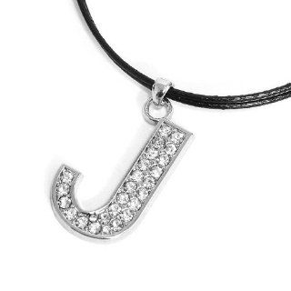 Rhinestone Initial Pendant Necklace; Letter J; 18"L Black Cord Chain; Silver Tone Metal Pendant With Clear Rhinestones; Lobster Clasp Closure; Letter J;: Jewelry