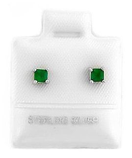 Sterling Silver May Birthstone Emerald Princess Cut Stud Child Earrings: Jewelry