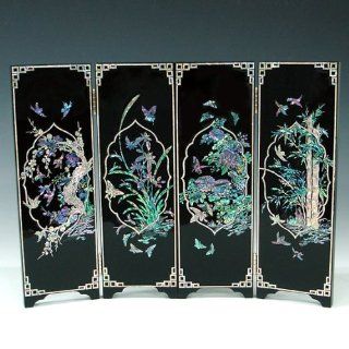 Mother of Pearl Inlay Art Orchid, Chrysanthemum, Bamboo and Plum Flower Design Decorative Black Wood Mini Folding Screen Wall Plaque Asian Oriental Home Decor Electronics