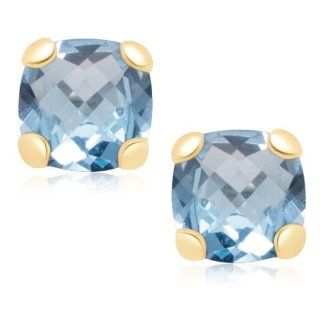 10k Yellow Gold Checker Board Cushion Cut Blue Topaz Stud Earrings: Jewelry
