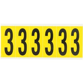 Brady 1550 3 3 1/2" Height, 1 1/2" Width, B 946 High Performance Vinyl Black On Yellow Color 15 Series Indoor Or Outdoor Number Labels Legend "3" (6 Labels Per Card) Industrial Warning Signs