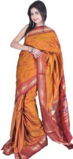 Exotic India Women's Paithani Sari with Hand woven Peacocks on Anchal World Apparel Clothing
