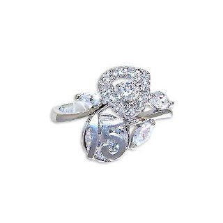 14k White Gold, Abstract Design 15 Anos Quinceanera Ring with Brilliant Lab Created Gems: Jewelry