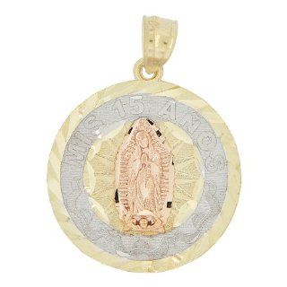 14k Tricolor Gold, Mis 15 Anos Quinceanera Virgin Mary Guadalupe Pendant Religious Charm: Jewelry
