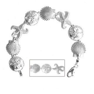 925 Sterling Silver Nautical Charm Bracelet, 8"" Scallop, Sand Dollar & St Million Charms Jewelry
