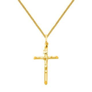 14K Yellow Gold Crucifix Cross Charm Pendant with Yellow Gold 1mm Braided Square Wheat Chain Necklace with Lobster Claw Clasp   Pendant Necklace Combination (Different Chain Lengths Available): The World Jewelry Center: Jewelry
