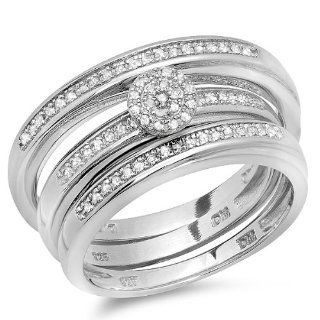 0.36 Carat (ctw) Plated Sterling Silver Round White Diamond Men & Womens Micro Pave Engagement Ring Trio Bridal Set 1/3 CT: Jewelry