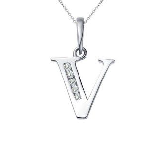 0.25 Carat Diamond Alphabet Letter "V" Initial Solitaire Pendant Necklace With 18" Chain 14K White Gold: Jewelry