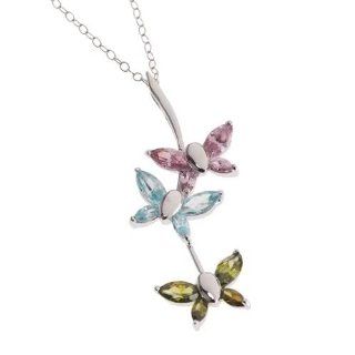 Jewelry For Trees Platinum Over Sterling Silver Butterfly Pendant   CZ Aqua & CZ Peridot & CZ Topaz on 18" Chain: Jewelry