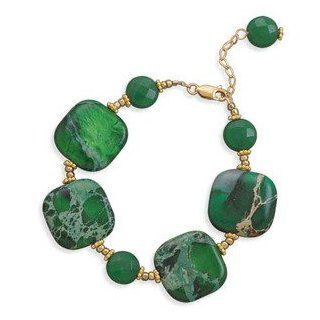 Emerald Green Jasper and Jade 14K Yellow Gold Fill Bracelet Adjustable: Jewelry