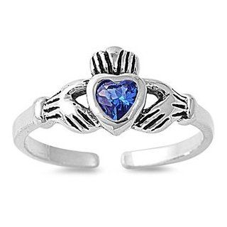 Italian .925 Sterling Silver BLUE SAPPHIRE HEART CZ IRISH CELTIC Claddagh Toe Ring ONE SIZE Jewelry