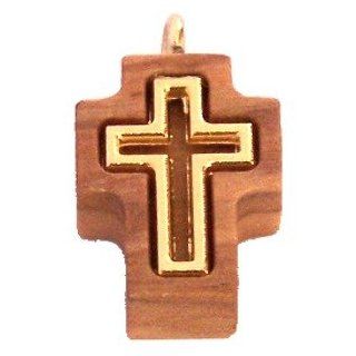 Olive wood Cross with Embedded gold plated Cross   Latin (1.7cm   0.67")   5mm thick: Holylandmarket: Jewelry