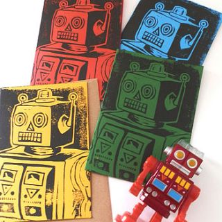 pack of four robot linocut cards by woah there pickle