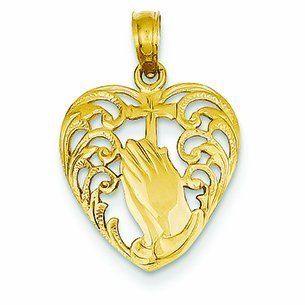 14K Gold Praying Hands and Cross in Heart Pendant Jewelry