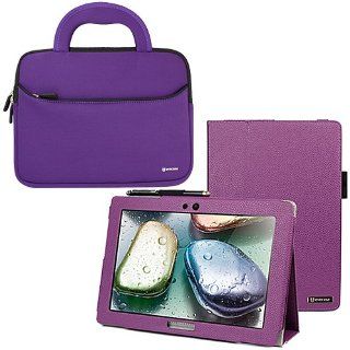 Evecase Purple SlimBook Leather Folio Stand Case Cover with Handle Bag for Lenovo IdeaTab S6000   10.1'' Android Tablet: Computers & Accessories