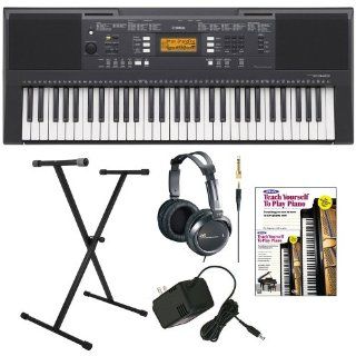 Yamaha PSRE343 61 Key Portable Keyboard with Yamaha AC Power Adapter, Single X Style Keyboard Stand, Full Size Stereo Headphones and Alfred's Teach Yourself to Play Piano   Book + DVD Musical Instruments