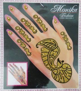 Women Golden Glitter Bead Temporary Mehndi Floral Art Indian Hand Back Tattoo : Body Paint Makeup : Beauty