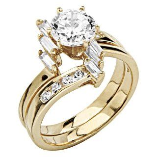 14K Yellow Gold Solitaire Round CZ Cubic Zirconia with Side stone High Polish Finish Ladies Wedding Engagement Ring and Matching Band 2 Two Piece Sets Jewelry