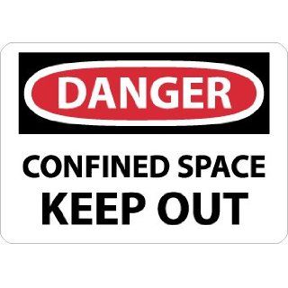 NMC D372PB OSHA Sign, Legend "DANGER   CONFINED SPACE KEEP OUT", 14" Length x 10" Height, Pressure Sensitive Vinyl, Red/Black on White Industrial Warning Signs