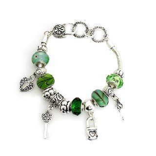 Fashion Charm Bracelet ; 8"L; Silver Tone Metal with Green Beads; Lock, Heart and Key Charms; Lobster Clasp closure Snake Charm Bracelets Jewelry