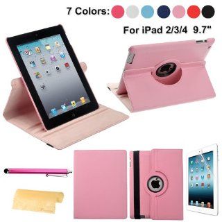 Foxnovo 4 in 1 360 degree Rotating Stand PU Leather Stand Case Cover Screen Guard Stylus Pen Cloth Set for iPad 4 iPad 3 iPad 2 2nd Generation (Pink): Computers & Accessories