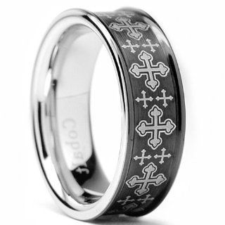 8MM Black Plated Men's Cobalt Chrome Ring Wedding Band with Laser Etched Cross Design Sizes 8 to 12: Jewelry