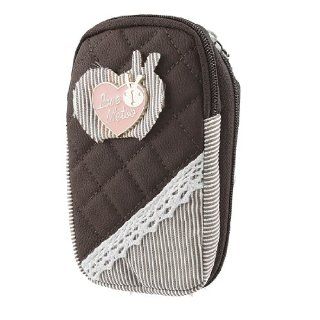Heart Detail Brown Striped Zipper Closure Double deck Phone Pouch Bag for Ladies: Cell Phones & Accessories