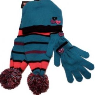 ABC Girls Turquoise Purple Pink Stripe Scarf Gloves Hat Set: Clothing