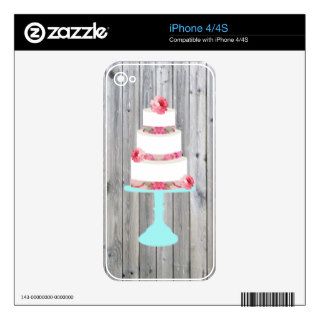 Cute Pink Floral Wedding Cake Teal Stand Wood Decal For iPhone 4S