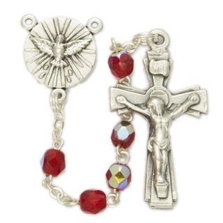 5mm Red Crystal Rosary Beads with Silver Plated Crucifix and Dove Center Children's Religious Jewelry Confirmation Gifts: Jewelry