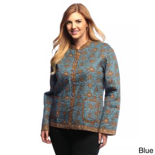 La Cera La Cera Womens Plus Size Quilted Floral print Mandarin Collar Jacket Blue Size 1X (14W : 16W)