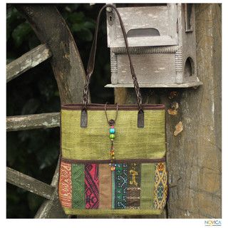 Leather and Cotton 'Lime Rhythm' Shoulder Bag (Thailand) Novica Shoulder Bags