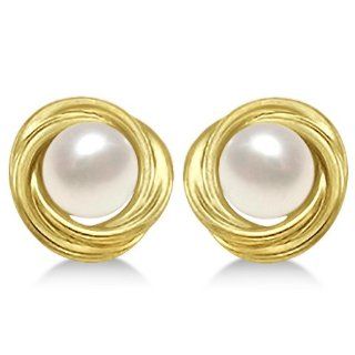 Love Knot White Akoya Pearl Earrings 14K Yellow Gold Pearl Posts 6.00mm Button Earrings Jewelry