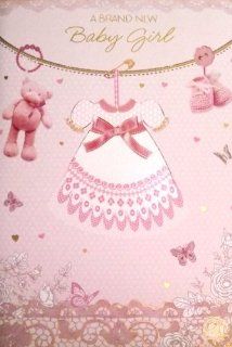 Large Sized Cream & Pink "A Brand New Baby Girl" Greetings Card   With Foil & Glitter Embossed Dress, Booties, Flowers & Bear (23cm X 15cm): Baby